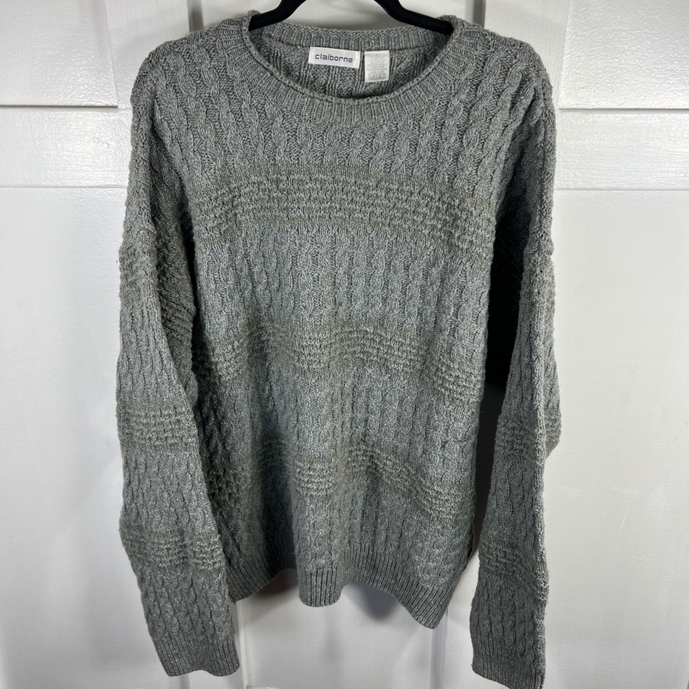 Claiborne Mens Gray Cable Knit Crewneck Sweater Cotton Blend XL Made in USA